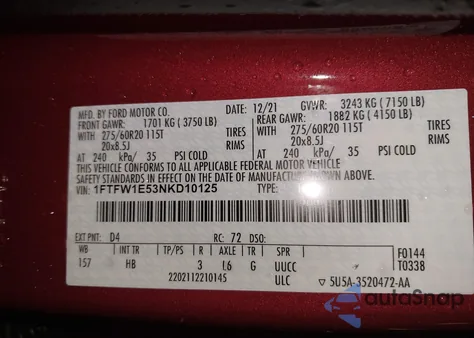 2022 Ford F-150 Lariat from USA, damaged, VIN 1FTFW1E53NKD10125